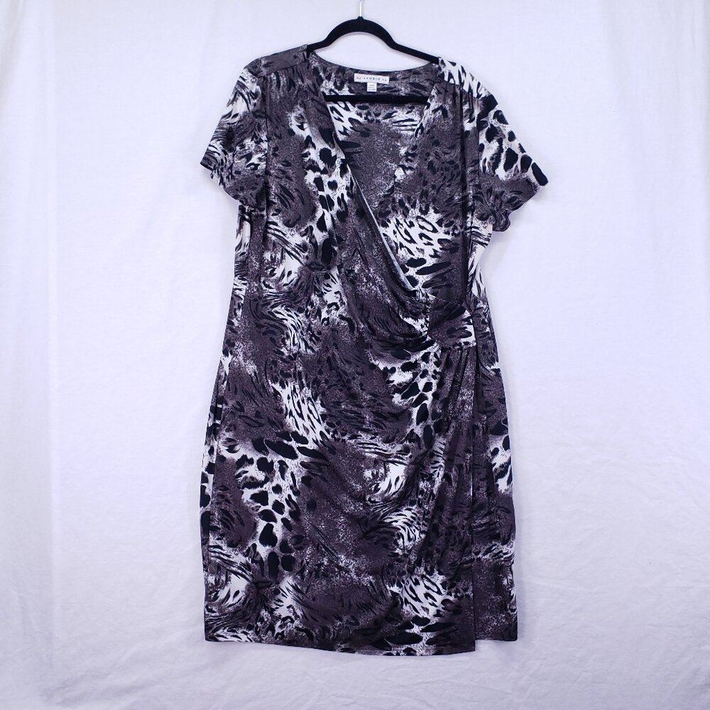 AA Studio Women Grey Leopard Print Stretchy Low V Neck Midi Dress Plus Size 20W